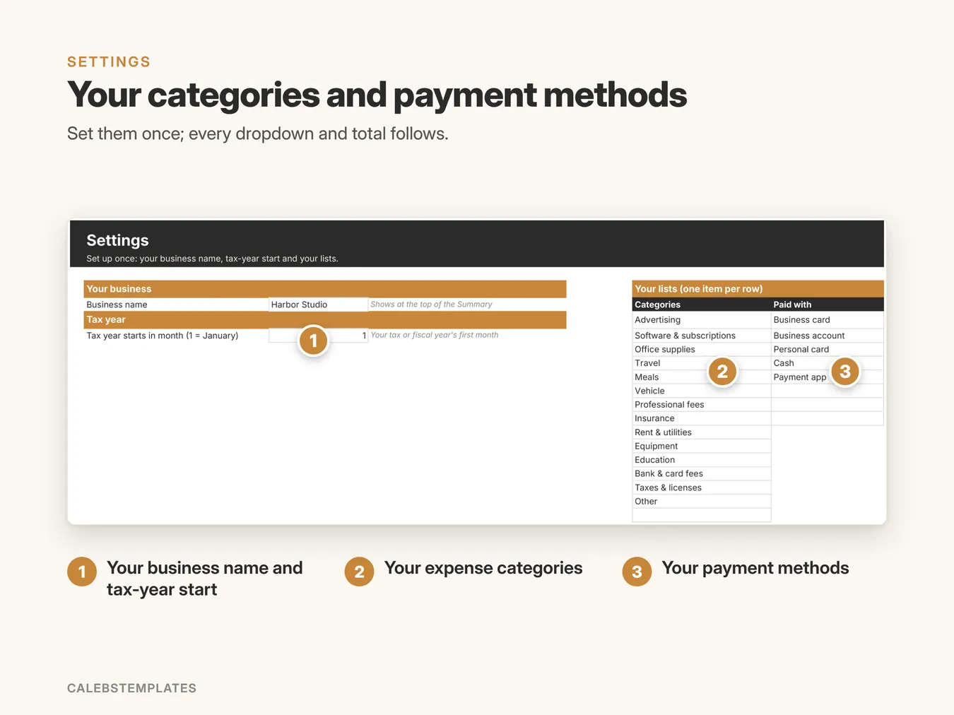 Your categories and payment methods: Set them once; every dropdown and total follows. (Expense Tracker, sample data)