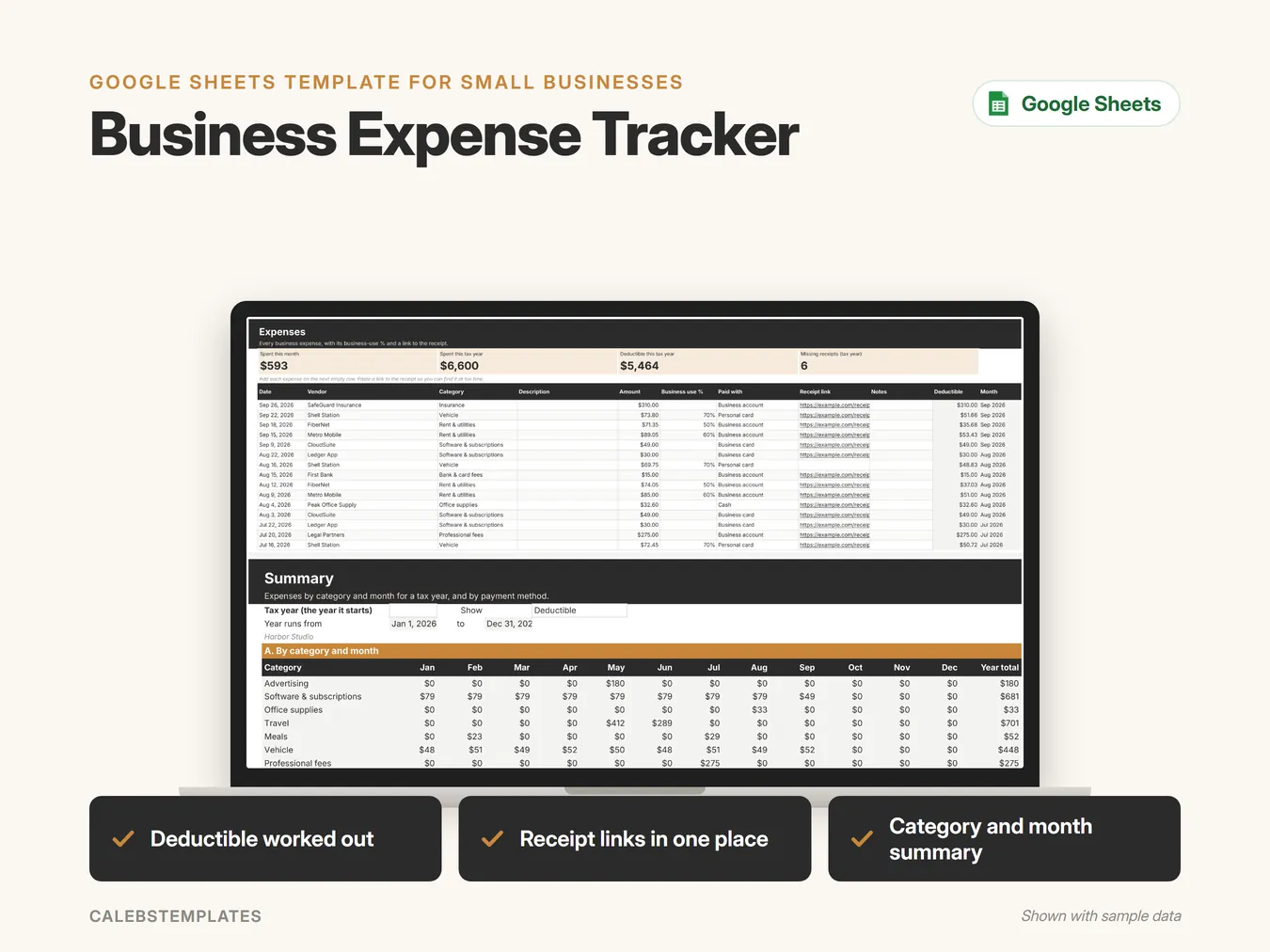 Business Expense Tracker in Google Sheets on a laptop, shown with sample data
