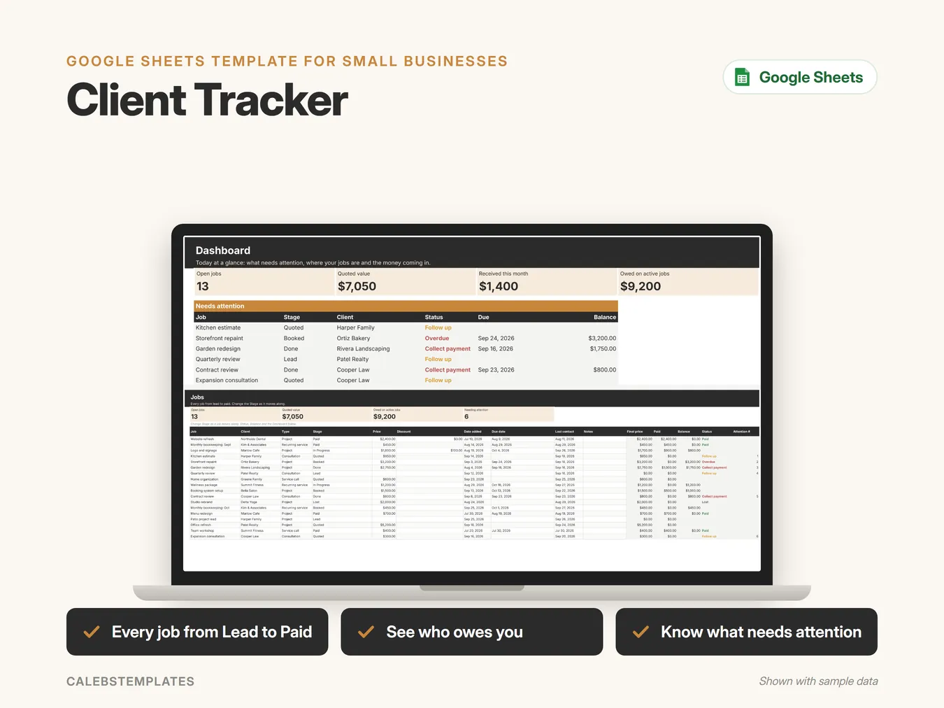 Client Tracker in Google Sheets on a laptop, shown with sample data