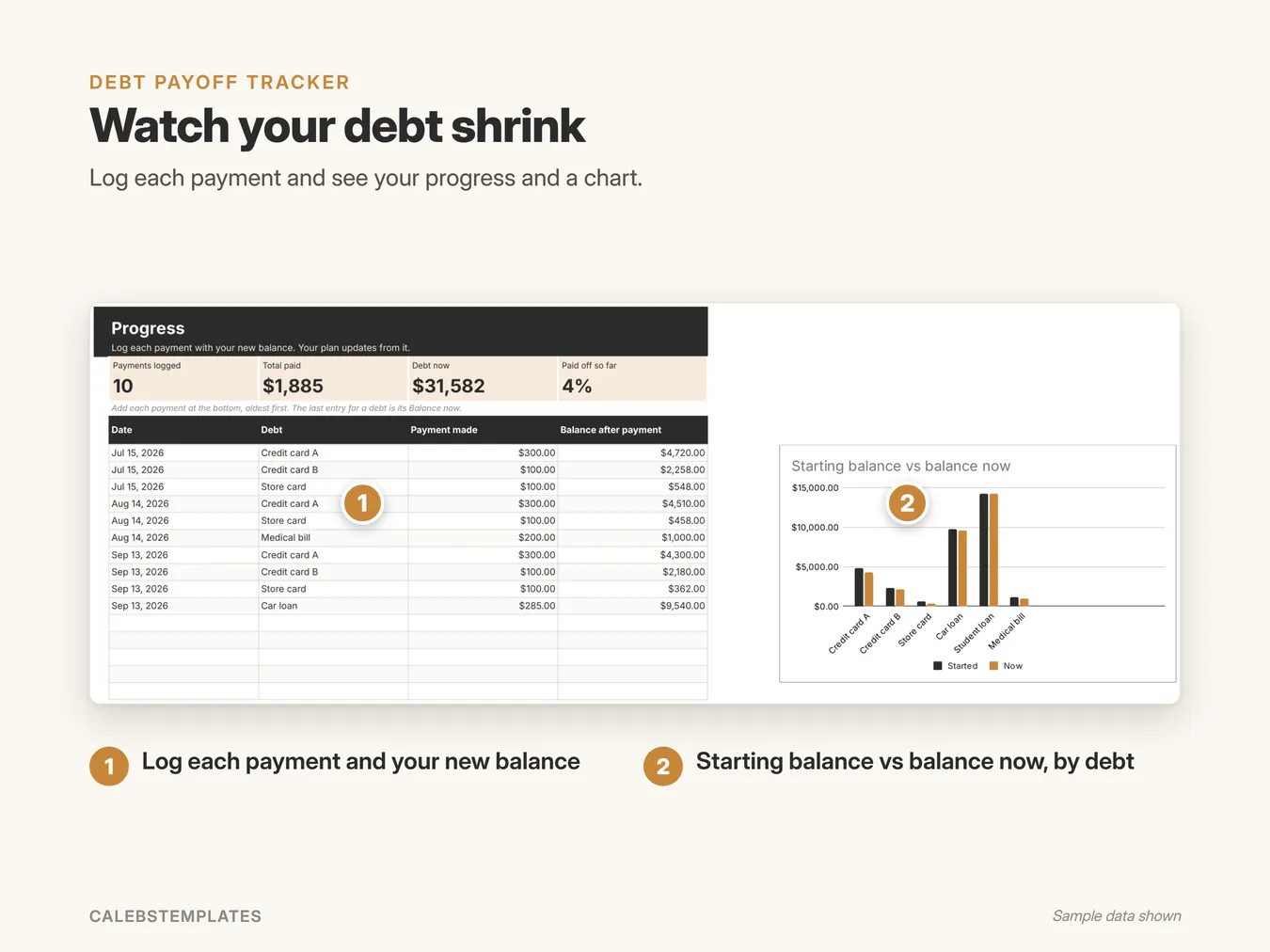 Watch your debt shrink: Log each payment and see your progress and a chart. (Debt-Free Bundle, sample data)