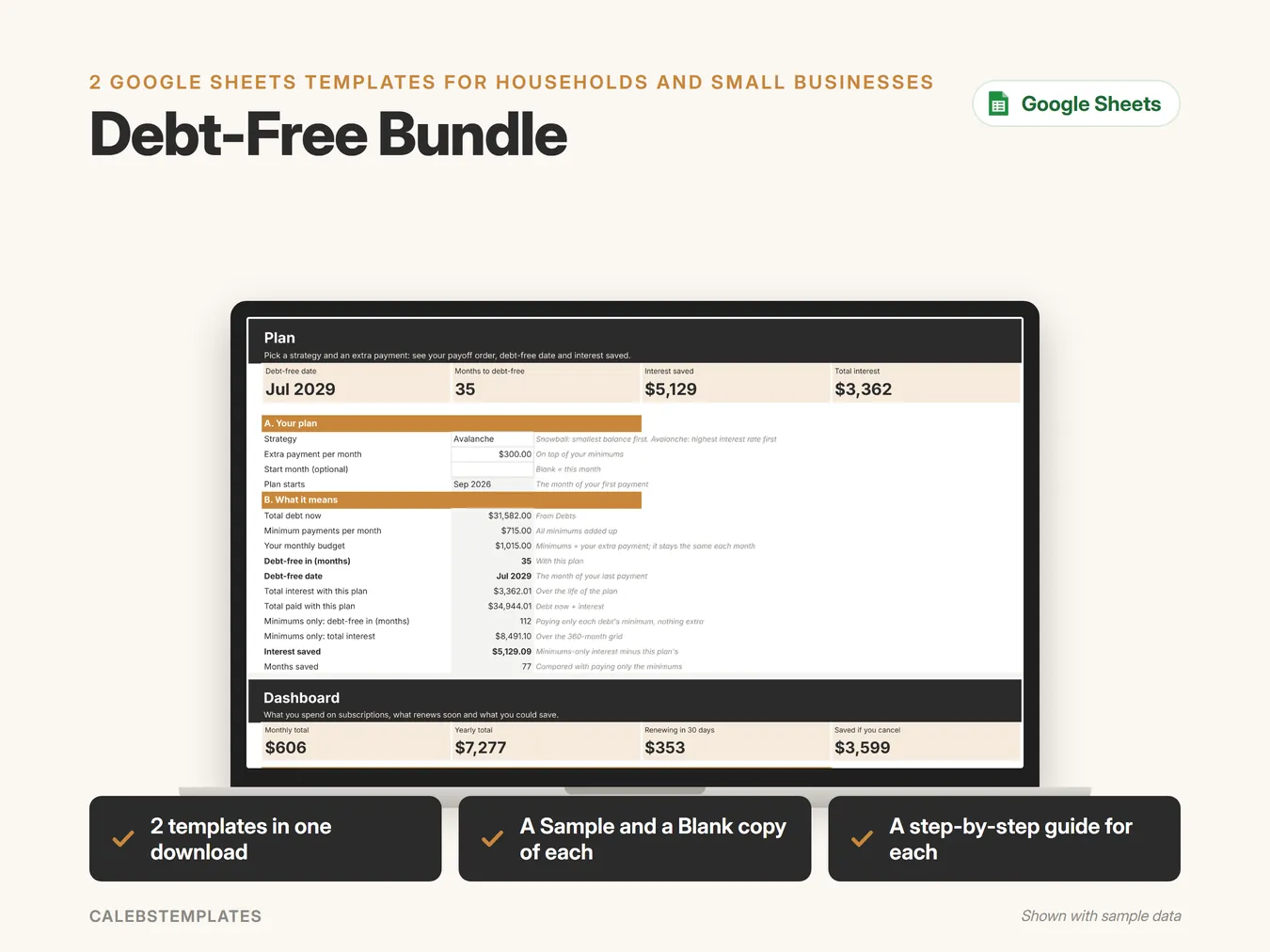 Debt-Free Bundle in Google Sheets on a laptop, shown with sample data