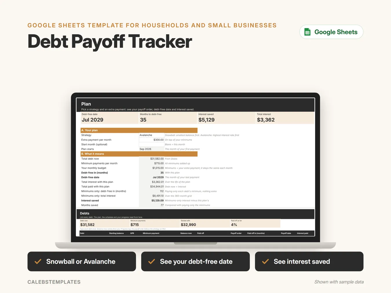 Debt Payoff Tracker in Google Sheets on a laptop, shown with sample data