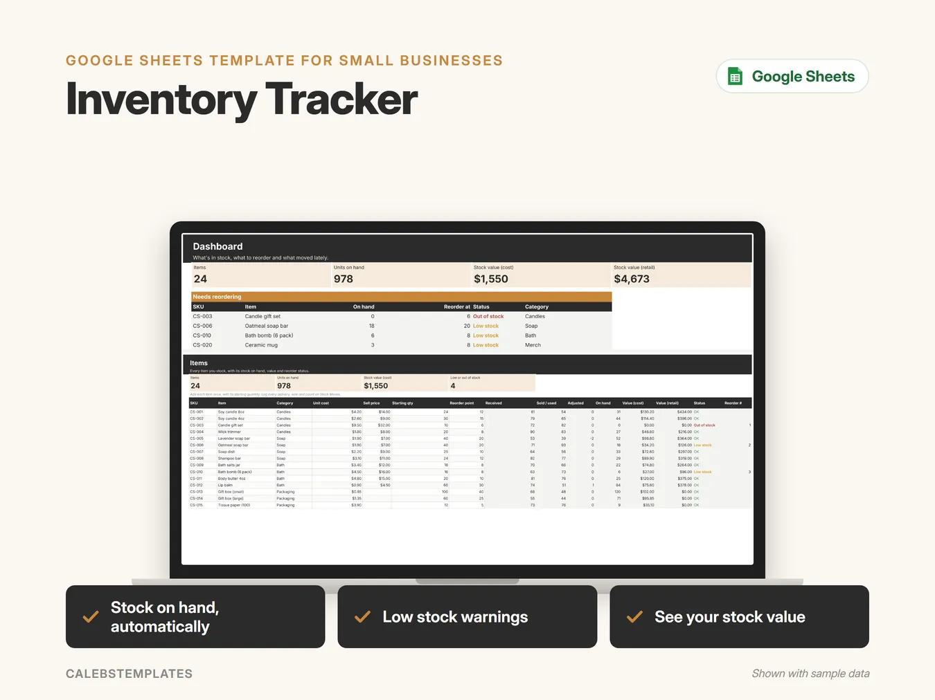 Inventory Tracker in Google Sheets on a laptop, shown with sample data