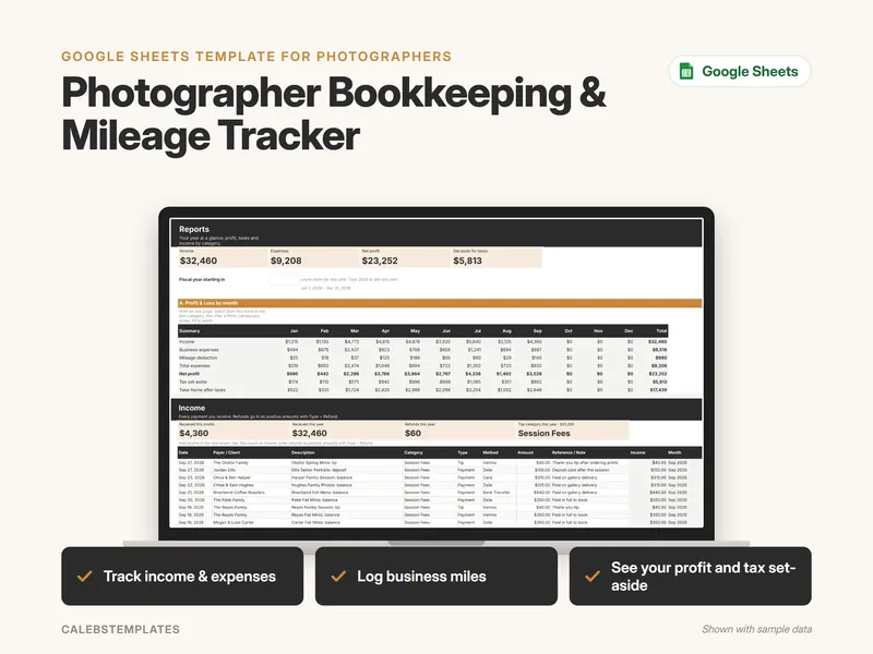 Photographer Bookkeeping & Mileage Tracker Google Sheets template