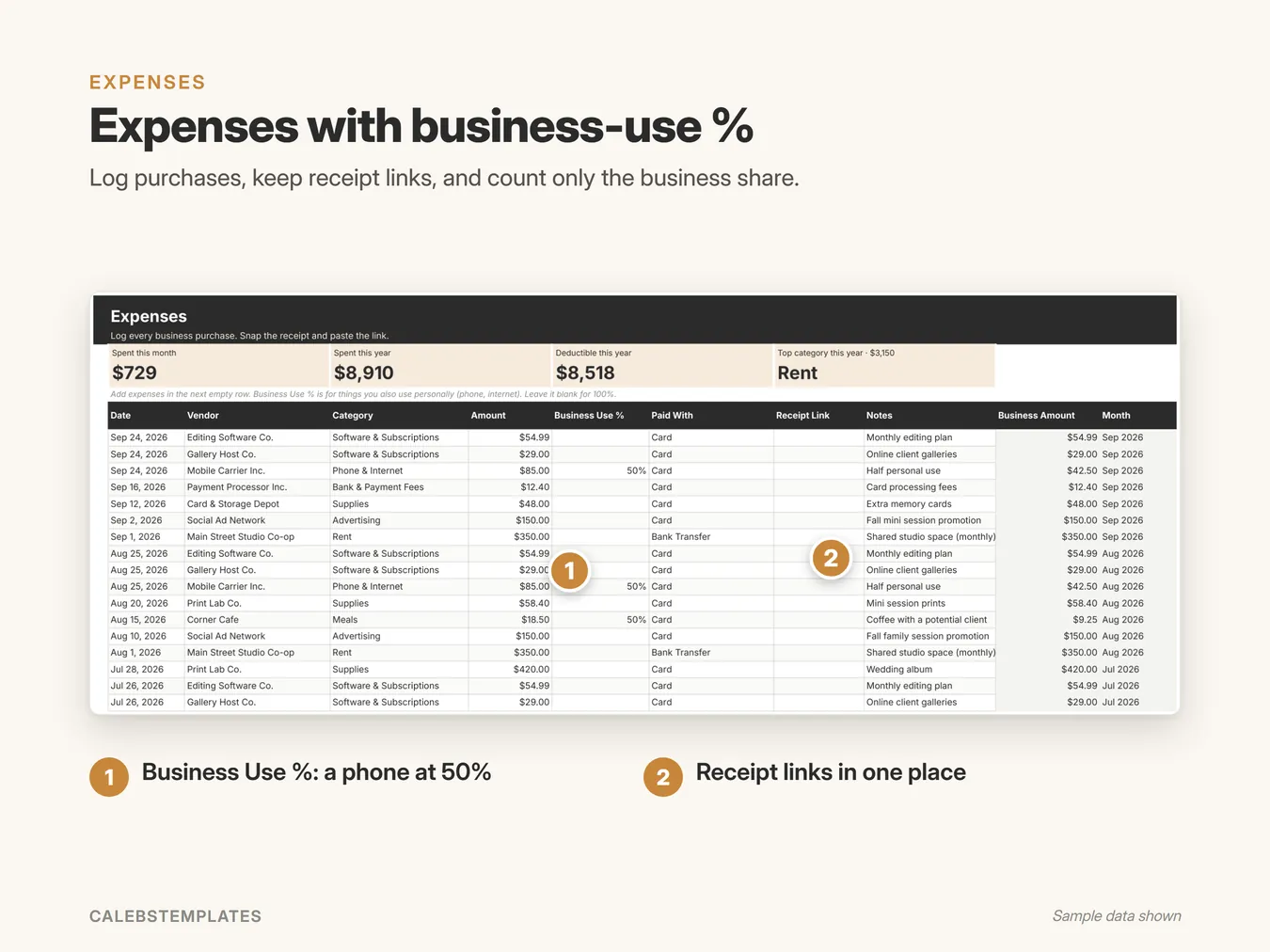 Expenses with business-use %: Log purchases, keep receipt links, and count only the business share. (Bookkeeping Tracker, sample data)