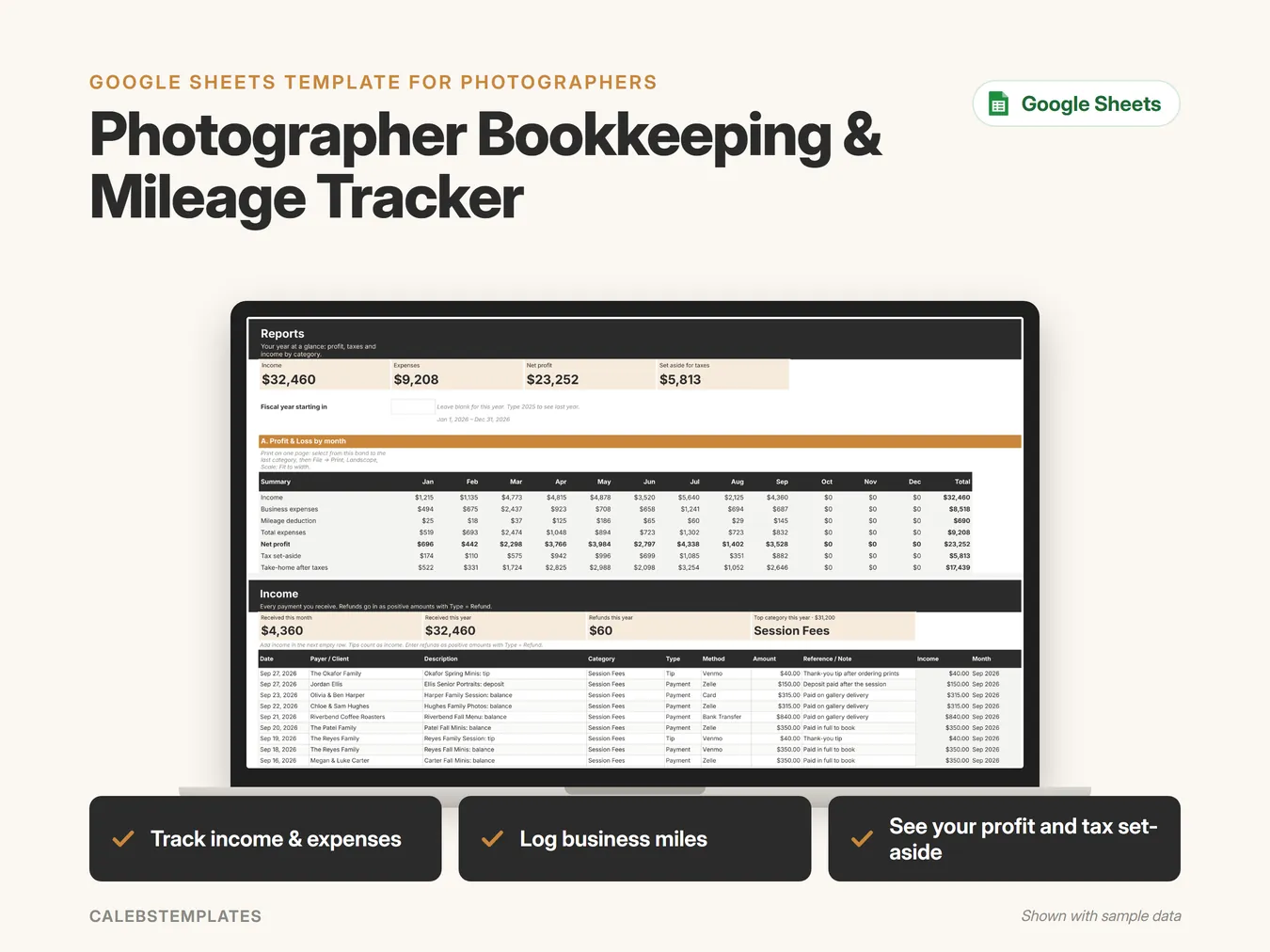 Photographer Bookkeeping & Mileage Tracker in Google Sheets on a laptop, shown with sample data