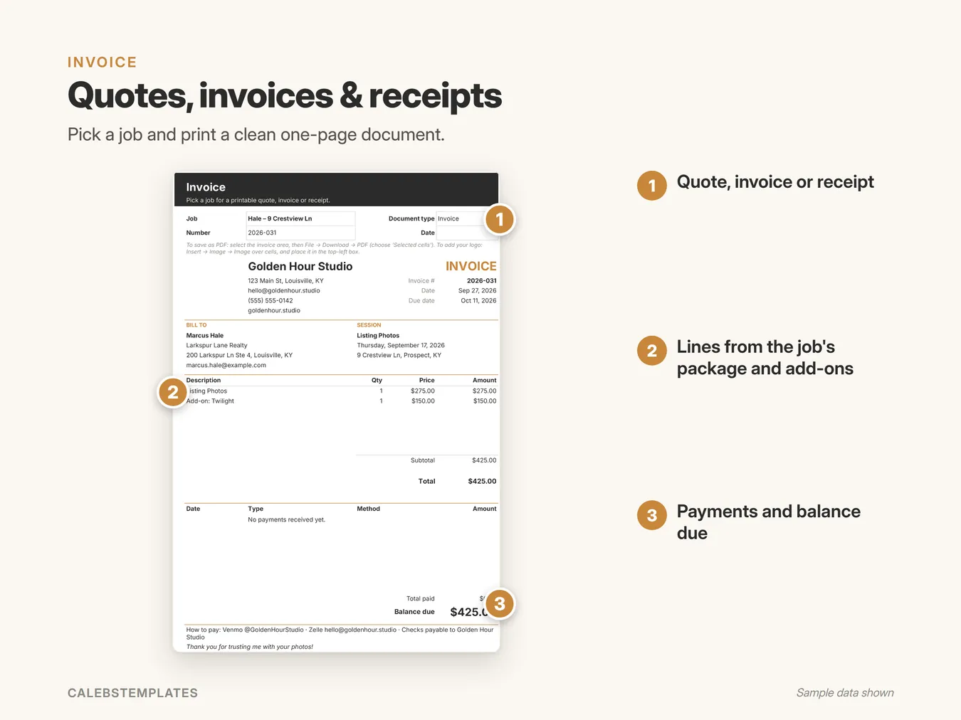 Quotes, invoices & receipts: Pick a job and print a clean one-page document. (Command Center, sample data)