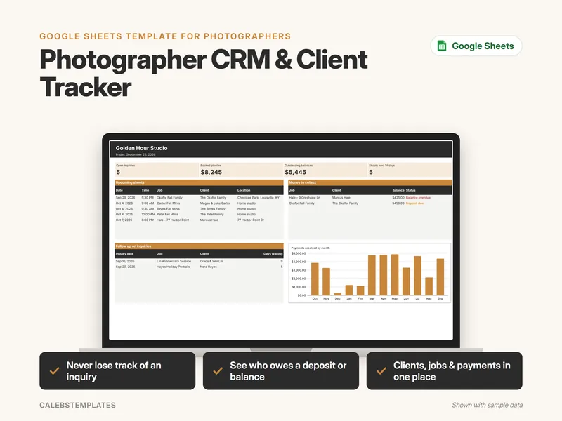 Photographer CRM & Client Tracker Google Sheets template