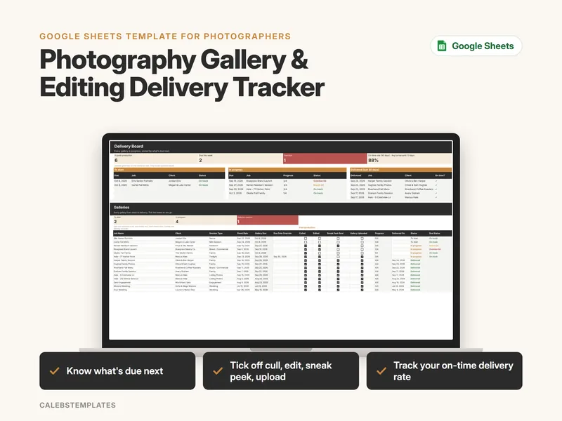 Photography Gallery & Editing Delivery Tracker Google Sheets template