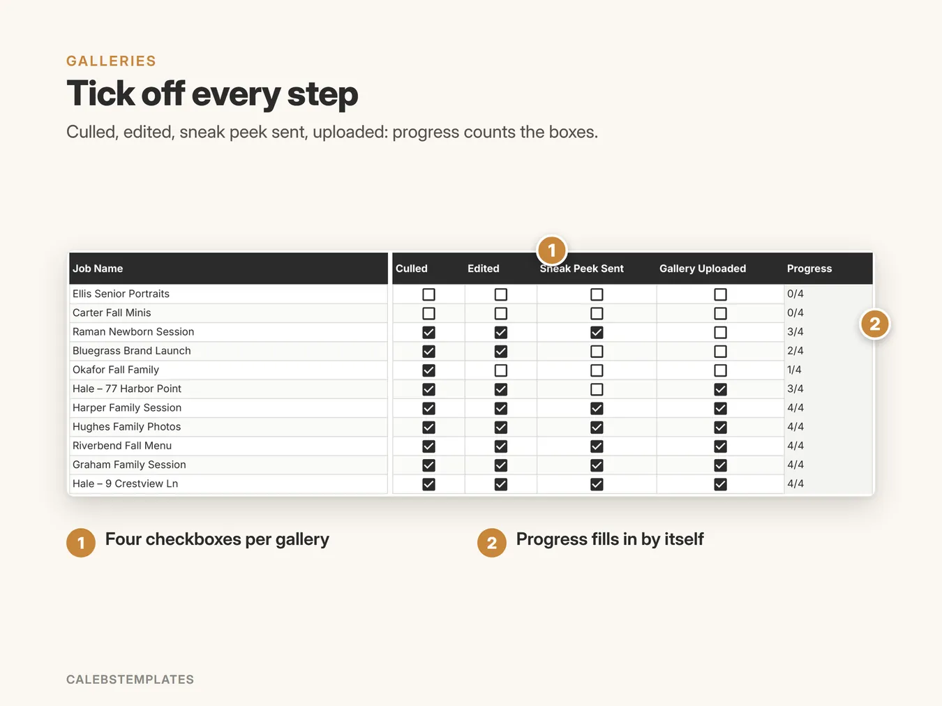 Tick off every step: Culled, edited, sneak peek sent, uploaded: progress counts the boxes. (Delivery Tracker, sample data)