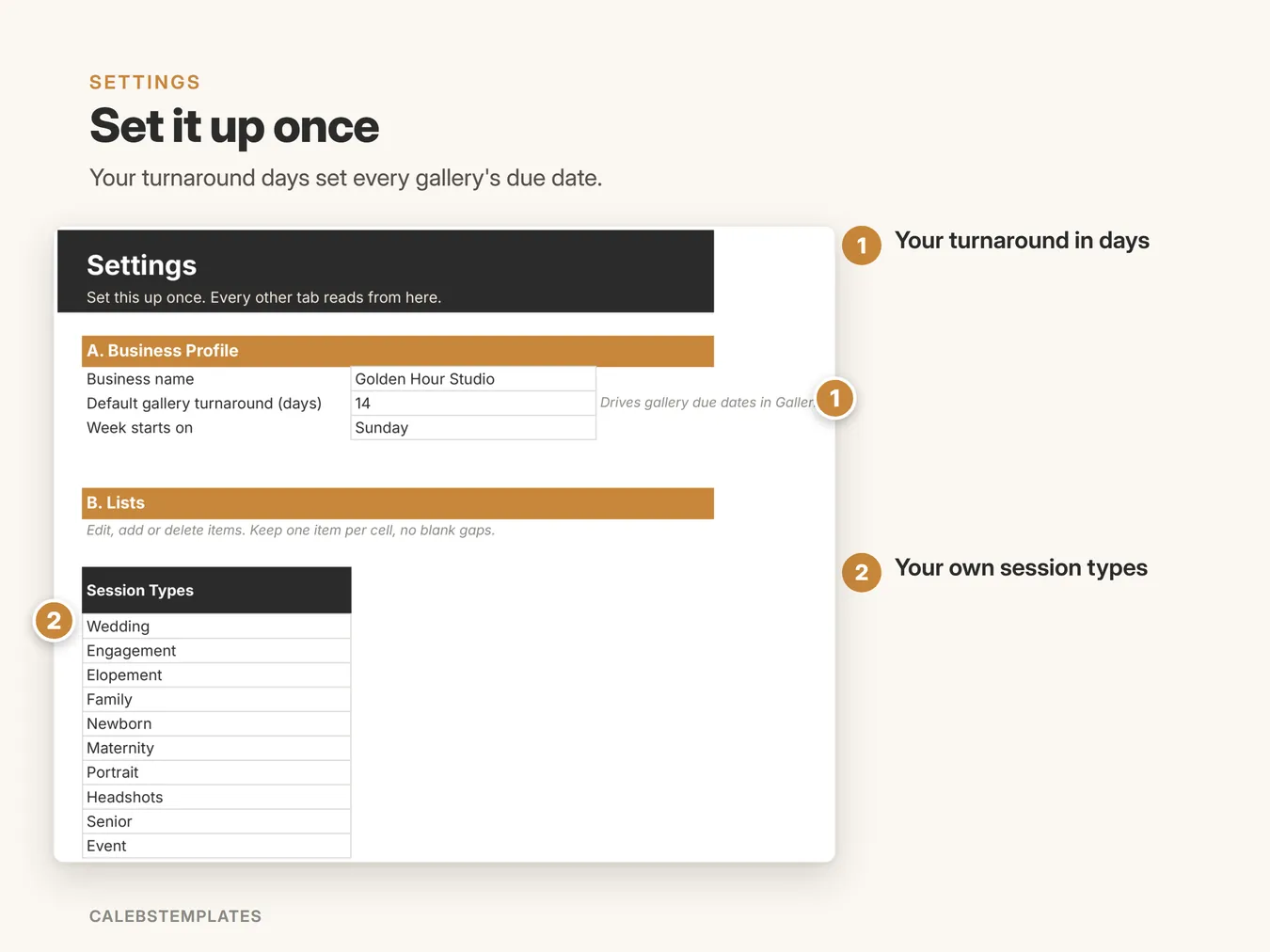 Set it up once: Your turnaround days set every gallery's due date. (Delivery Tracker, sample data)