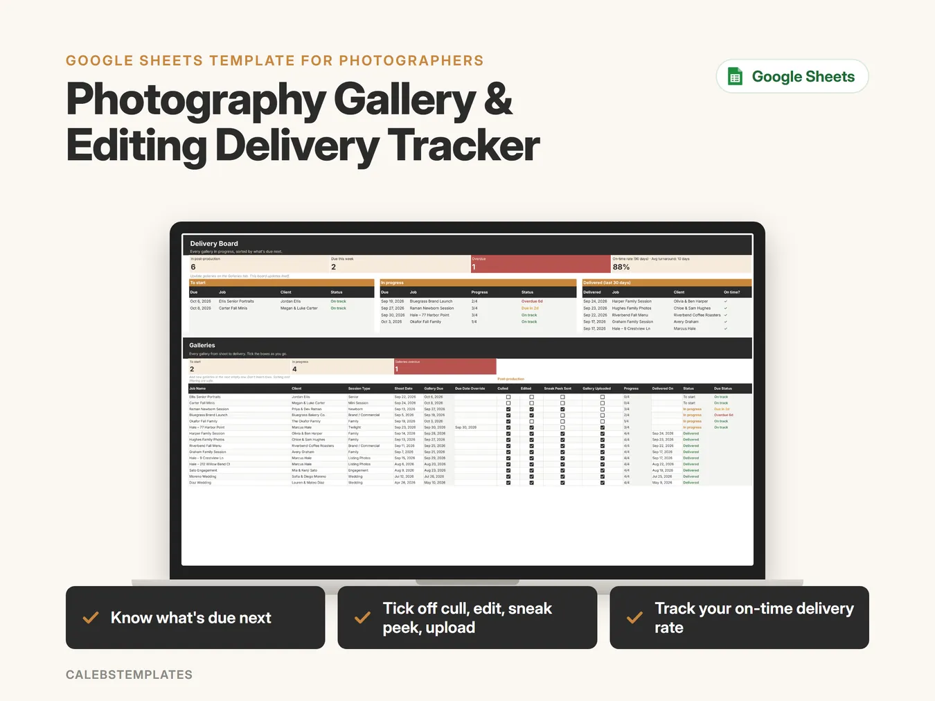 Photography Gallery & Editing Delivery Tracker in Google Sheets on a laptop, shown with sample data