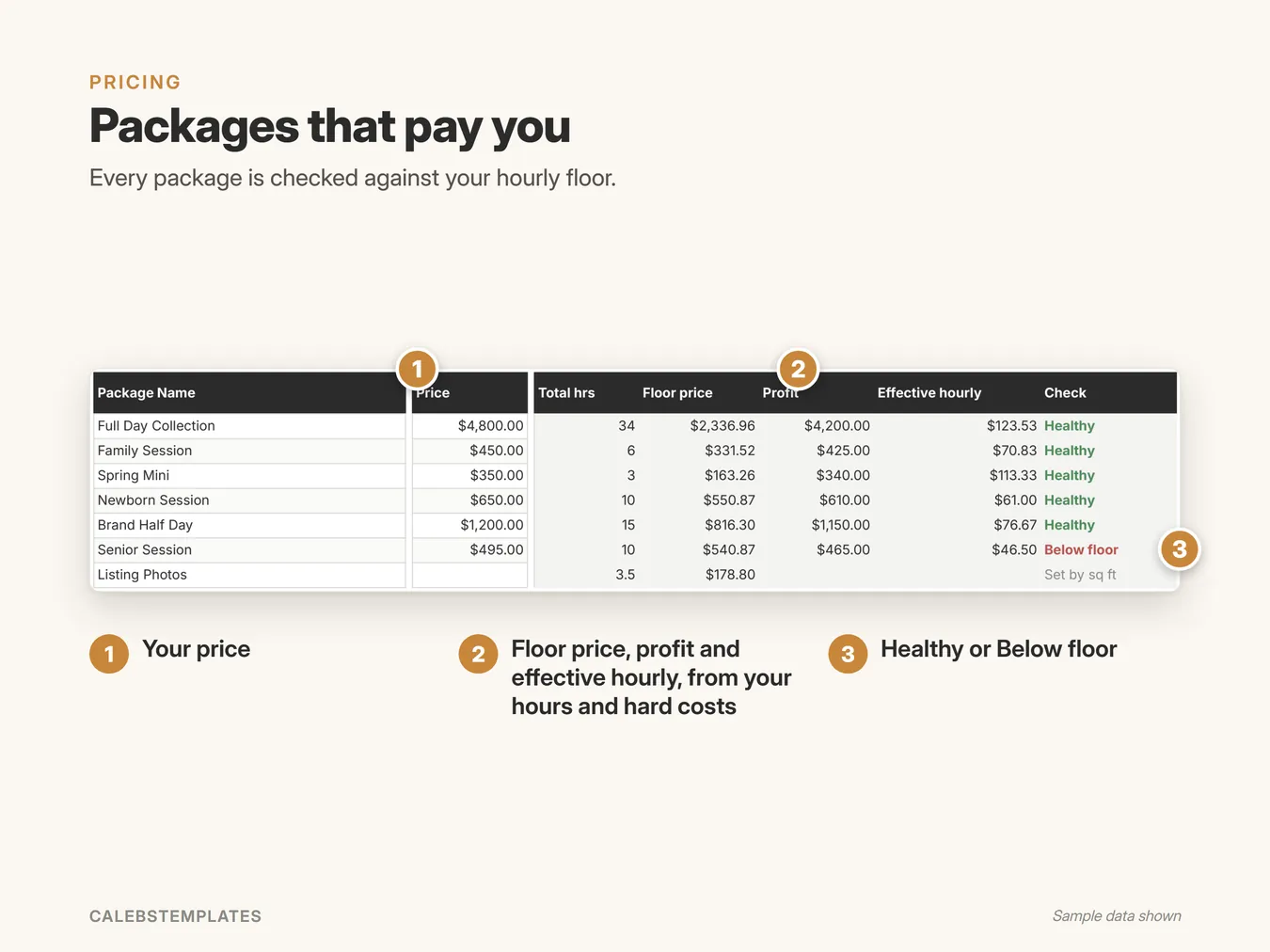 Packages that pay you: Every package is checked against your hourly floor. (Pricing Calculator, sample data)