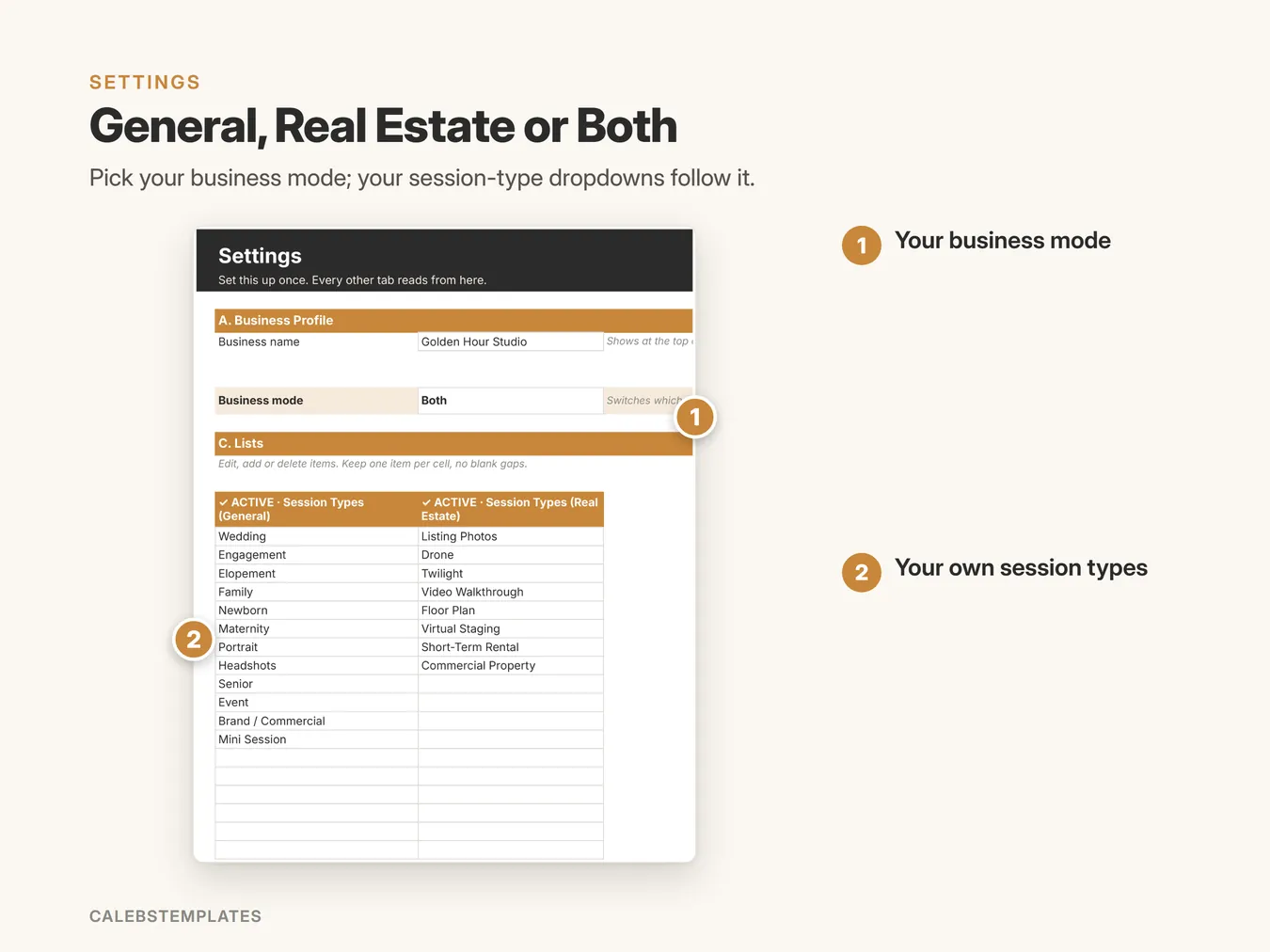 General, Real Estate or Both: Pick your business mode; your session-type dropdowns follow it. (Pricing Calculator, sample data)