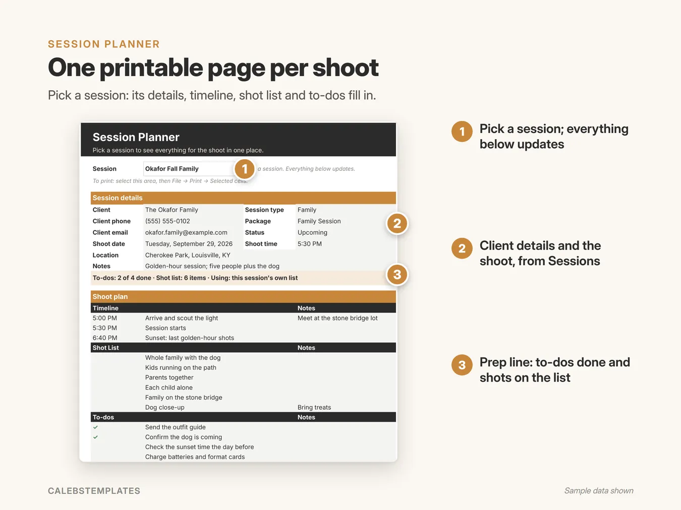 One printable page per shoot: Pick a session: its details, timeline, shot list and to-dos fill in. (Session Planner, sample data)
