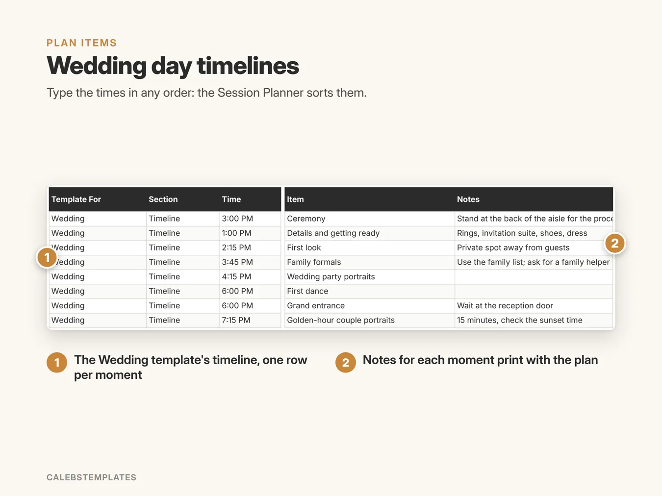 Wedding day timelines: Type the times in any order: the Session Planner sorts them. (Session Planner, sample data)