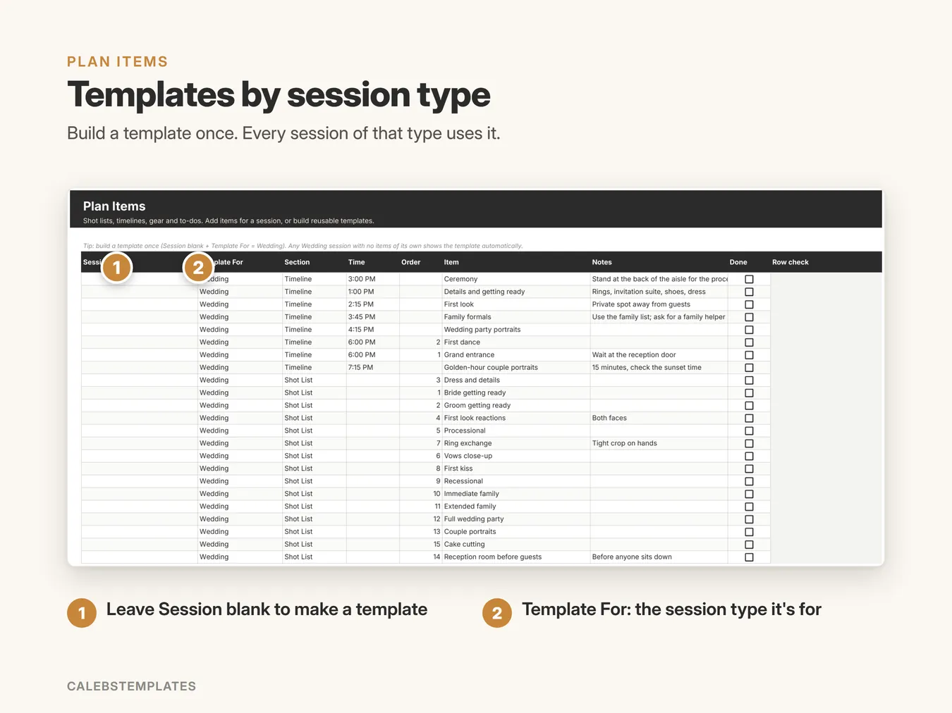 Templates by session type: Build a template once. Every session of that type uses it. (Session Planner, sample data)
