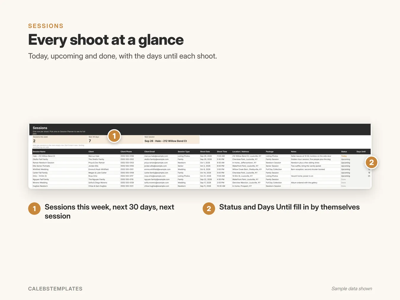 Every shoot at a glance: Today, upcoming and done, with the days until each shoot. (Session Planner, sample data)