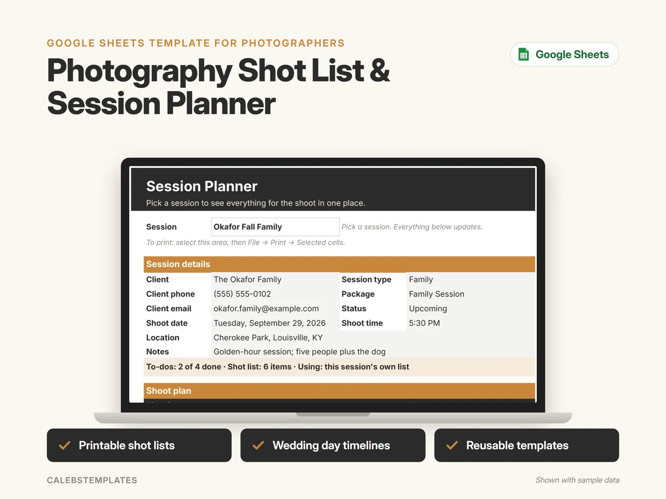 Photography Shot List & Session Planner in Google Sheets on a laptop, shown with sample data