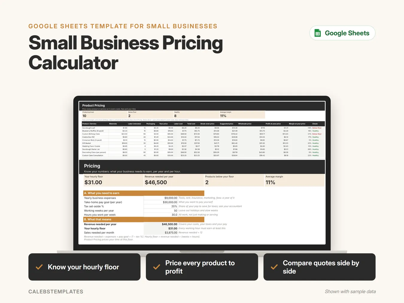 Small Business Pricing Calculator in Google Sheets on a laptop, shown with sample data