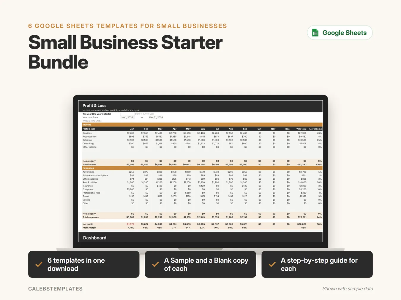 Small Business Starter Bundle in Google Sheets on a laptop, shown with sample data