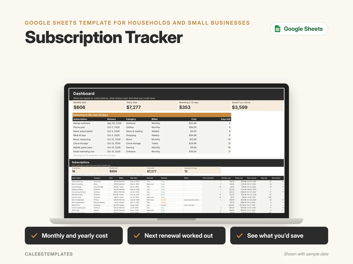 Subscription Tracker in Google Sheets on a laptop, shown with sample data